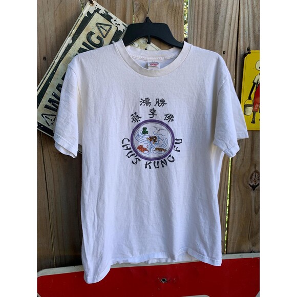 Vtg White Fruit of the Loom cotton t-shirt L with Chinese Kung Fu graphic tee - Picture 1 of 8